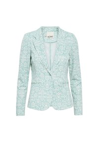 Světle modrý blazer s propracovaným bílým vzorem, vybavený klopou s výstřihem do V, dlouhými rukávy a přiléhavým střihem. Dvě postranní kapsy.