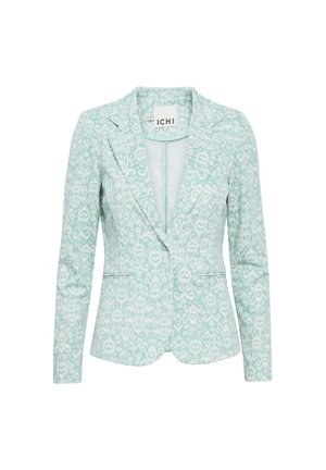 Blazer bleu clair avec un motif blanc complexe, doté d'un col cranté, de manches longues et d'une silhouette ajustée. Deux poches latérales.