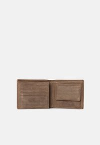 Brown leather wallet with an open design, featuring multiple card slots on one side and a larger compartment on the other. Smooth texture.