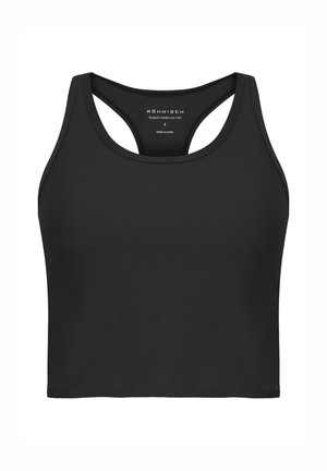 Czarny prążkowany sportowy top crop z szerokimi ramiączkami, z okrągłym dekoltem i eleganckim krojem. Wykonany z elastycznego materiału dla zapewnienia komfortu.