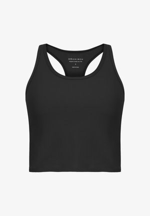 Zwarte geribbelde sportcrop top met brede banden, met een ronde halslijn en een strakke uitstraling. Gemaakt van elastisch materiaal voor comfort.