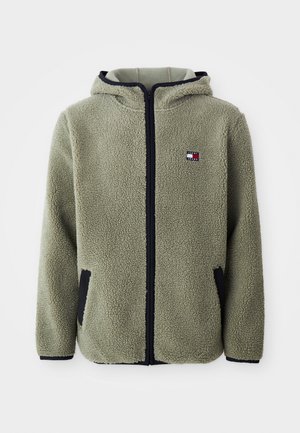 Veste en polaire de couleur vert discret avec capuche, fermeture éclair, et accents noirs sur les poches et les poignets. Petite patch logo sur la poitrine.