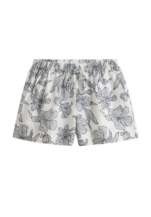Weiße Shorts mit schwarzen floralem Liniendesign, elastischem Bund und vorderer Kordelzugverschluss.