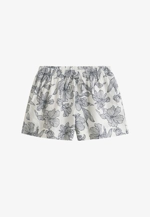Weiße Shorts mit schwarzen floralem Liniendesign, elastischem Bund und vorderer Kordelzugverschluss.