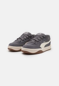 Grå atletik sko med en overdel i ruskind og net, hvid mellemsål og en brun gummiydersål. Har snørebånd og Puma-branding.