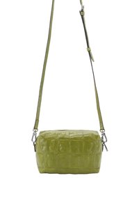 Green crocodile-embossed handbag with a rectangular shape, glossy texture, detachable shoulder strap, and silver-tone hardware.