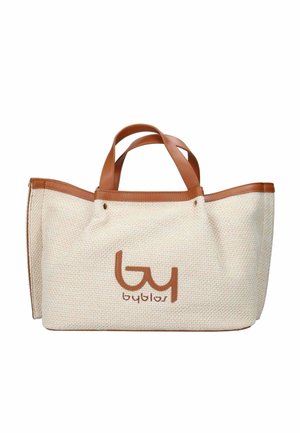 Borsa a tracolla beige intrecciata con manici e rifiniture in pelle marrone, con un prominente logo "byblos" marrone sulla parte frontale.