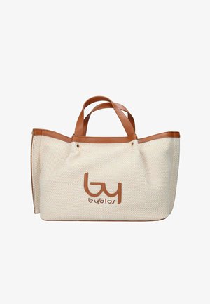 Borsa a tracolla beige intrecciata con manici e rifiniture in pelle marrone, con un prominente logo "byblos" marrone sulla parte frontale.