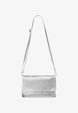 Silver leather crossbody bag with a textured surface, rectangular shape, flap closure, and an adjustable strap.