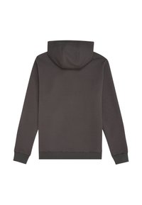 Felpa grigia scura con cappuccio, maniche lunghe, polsini e orlo a costine, realizzata in un tessuto morbido e testurizzato; design semplice e privo di decorazioni.