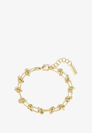 Zeltīta ķēdes aproce ar savienotiem mezgliem, kas aprīkota ar omāru aizdari un regulējamu ķēdi ar piekariņu. Gluda, pulēta apdare.