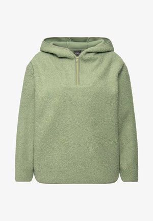 Polar verde con cuello de media cremallera, mangas largas y una tela texturizada. Corte recto con un detalle de bolsillo tipo canguro.