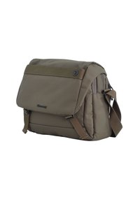 Braune Messenger-Tasche mit Klappenverschluss, aus strapazierfähigem Stoff gefertigt. Verfügt über einen verstellbaren Schultergurt und eine seitliche Reißverschlusstasche. Einfaches Design.