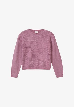 Rosa gestrickter Pullover mit einem strukturierten Zopfmuster, geripptem Rundhalsausschnitt und -bündchen sowie einer leicht verkürzten Passform. Weicher Stoff mit subtiler Struktur.