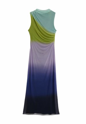 Sleeveless dress with a gradient design transitioning from light blue to green, purple, and dark blue. Features draped fabric texture.