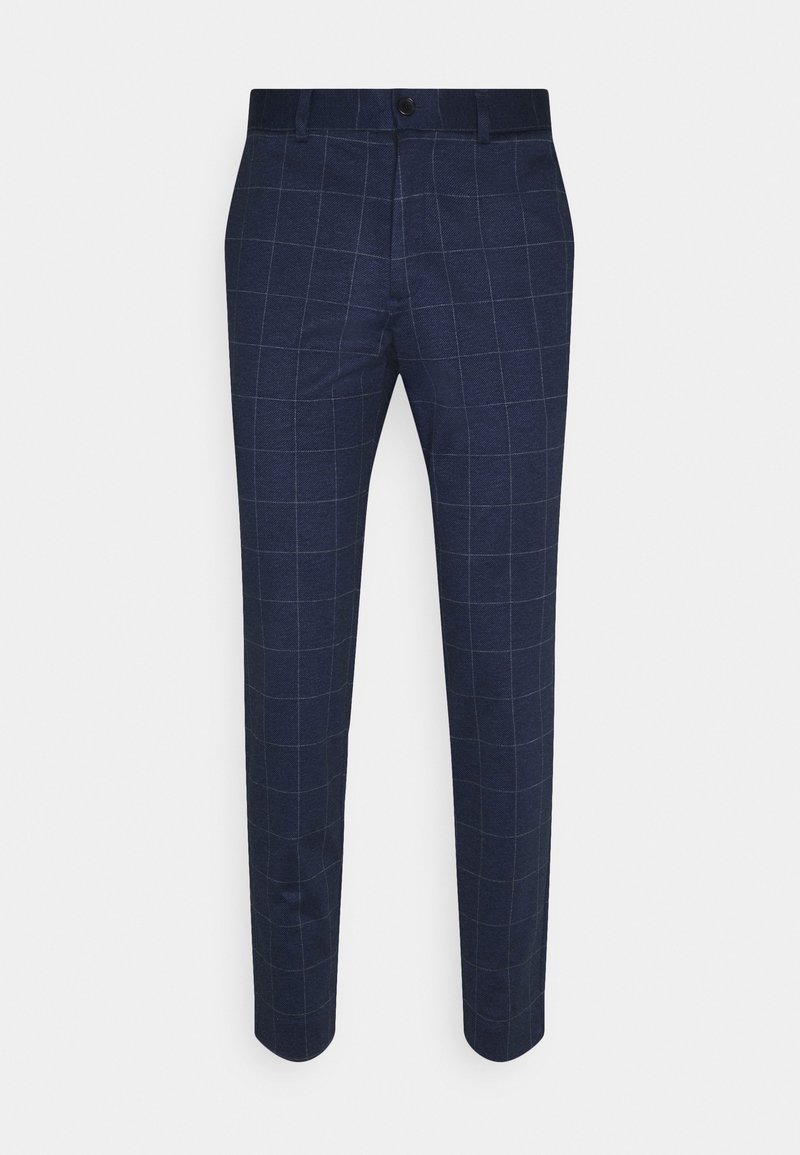 Pantalon bleu marine ajusté avec motif à carreaux gris clair « windowpane », fermeture par bouton et zip, et passants pour ceinture.