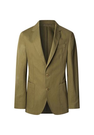 Olivovo zelený ľanový blejzer s klopovým golierom, dvojitým zapínaním a dvoma prednými vreckami; obsahuje jedno vrecko na hrudi a rozparok na chrbte.