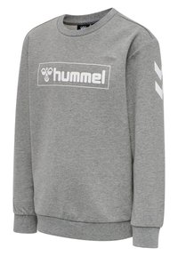 Felpa grigia in misto cotone, con un logo bianco sul davanti e tre chevron bianchi sulla manica sinistra. Design classico a girocollo.