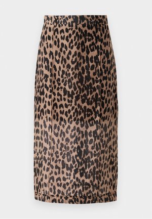 Jupe crayon imprimé léopard en beige et noir. Tissu lisse, design ajusté avec une coupe au genou et une ceinture invisible. Pas de fermetures visibles.