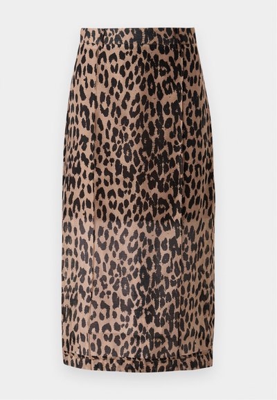 Jupe crayon imprimé léopard en beige et noir. Tissu lisse, design ajusté avec une coupe au genou et une ceinture invisible. Pas de fermetures visibles.