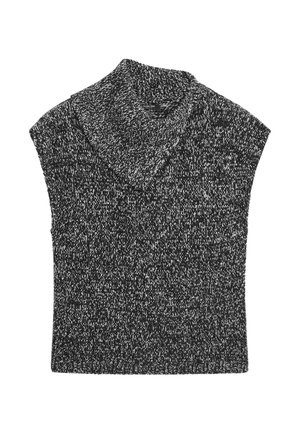 Stickad svartvit ärmlös tröja med hög krage, med ett strukturerat mönster och en avslappnad passform.