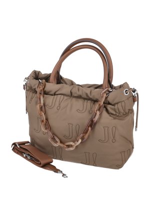 Beige soft handbag with embossed "J!" pattern, brown leather handles, detachable brown leather shoulder strap, and translucent brown chain detail.