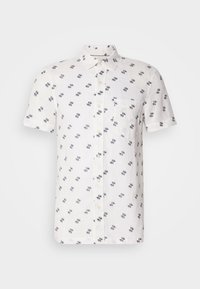 Short-sleeve, white linen shirt featuring a subtle navy pattern, button-down collar, and a single chest pocket. Textured, breathable fabric.