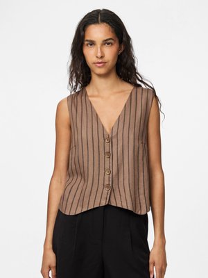 Brown striped sleeveless top with a V-neck, featuring a row of brown buttons, crafted from a lightweight fabric with a soft texture.