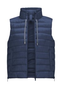 Marineblaues, isoliertes Weste mit hohem Kragen, horizontal gestepptem Design, Frontreißverschluss und zwei Seitentaschen mit Reißverschlüssen.