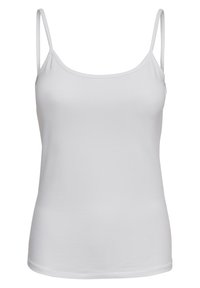 White tank top with thin straps, made from soft, stretchy fabric. Features a scoop neckline and a fitted silhouette, smooth texture.