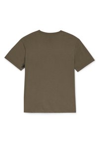 Brown cotton t-shirt with short sleeves, crew neckline, and a plain back. Features a small logo near the left sleeve.