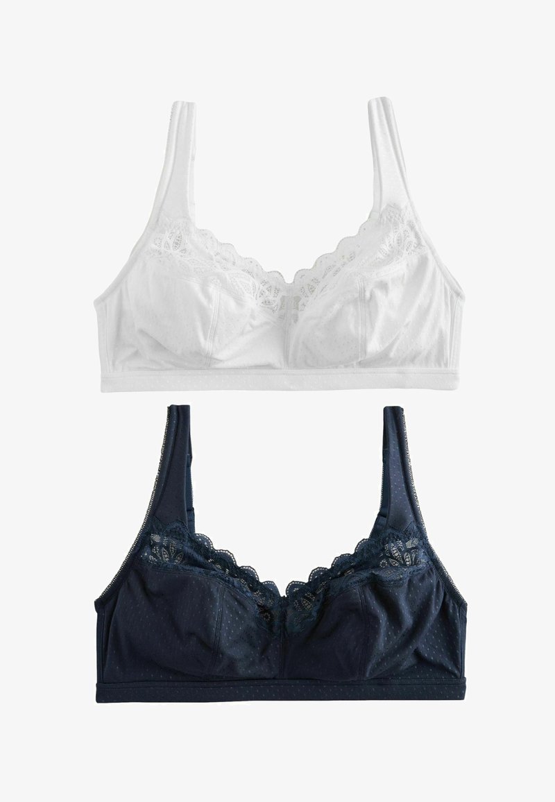 Deux soutiens-gorge sans armatures avec bordure en dentelle, un blanc et un bleu marine, avec des bretelles réglables et une texture subtile à pois.