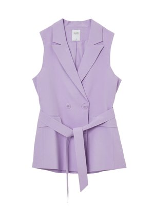 Lavender sleeveless vest with a double-breasted front, notch lapels, and a matching fabric belt. Smooth texture and tailored fit.