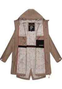 Brown waterproof jacket with a hood, featuring a patterned interior of umbrellas, red accents, and multiple pockets inside.