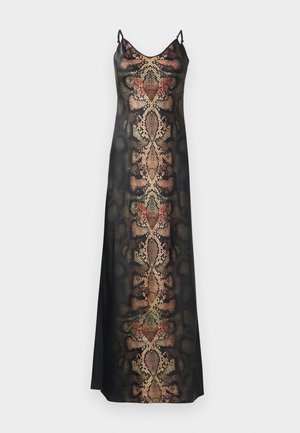 Zwarte slipdress met een slangenhuidpatroon in aardetinten en metallic accenten, met dunne verstelbare bandjes en een gladde textuur.