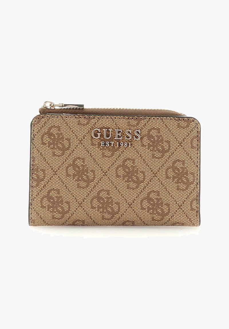 Brown patterned wallet featuring a textured fabric, zip closure, and silver "GUESS EST 1981" branding. Compact rectangular shape.