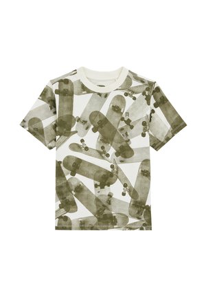 T-shirt en coton avec une base crème et un imprimé de skate olive. Caractéristiques : col rond et manches courtes. Texture lisse.
