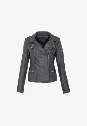 Czarna skórzana kurtka motocyklowa, dopasowany fason, asymetryczny zamek, pikowane poduszki na ramionach i bokach, gładka faktura, długie rękawy.