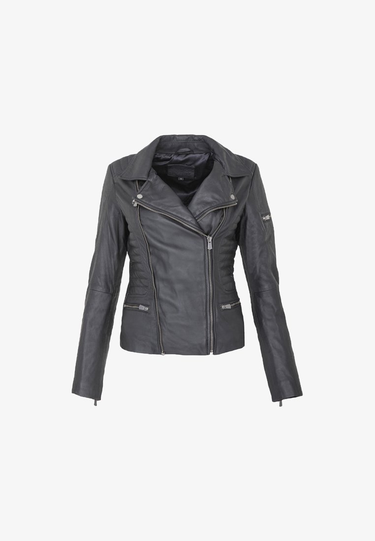 Zwarte leren motorjack, aansluitend ontwerp, asymmetrische rits, gequiltte schouders en zijpanels, gladde textuur, lange mouwen.