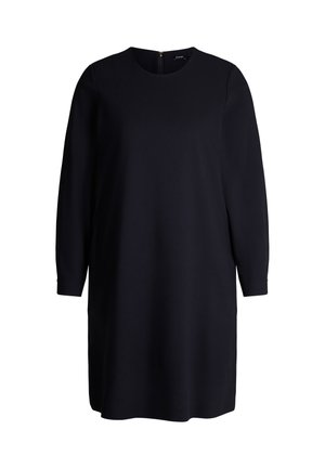 Abito lungo nero a maniche lunghe con scollatura rotonda, tessuto morbido, design al ginocchio, dotato di una zip sul retro discreta e polsini aderenti.