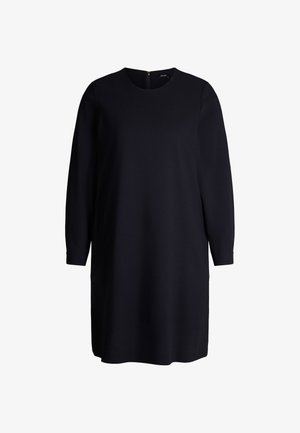 Schwarzes langärmeliges Kleid mit Rundhalsausschnitt, aus weichem Stoff, knielanger Schnitt, verfügt über einen diskreten Reißverschluss hinten und enganliegende Bündchen.