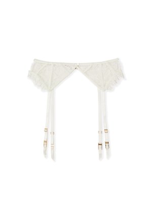 Liguero de encaje blanco con motivos florales y cuatro tirantes ajustables con clips de metal en tono dorado.