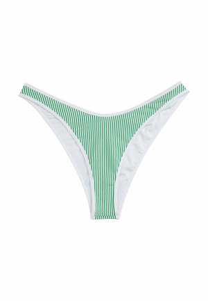 Parte inferiore di bikini bianca con strisce verticali verdi. Presenta un taglio a vita bassa e un tessuto morbido, progettata con una copertura minima e una finitura senza cuciture.