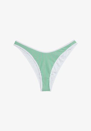 White bikini bottom with green vertical stripes. Features a low-rise cut and smooth fabric, designed with minimal coverage and a seamless finish.