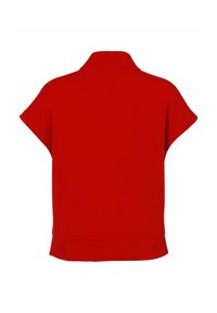 Roter Kurzarmpullover mit geradem Saum und Kragen, der eine glatte Textur und einen leicht lockeren Sitz aufweist. Keine sichtbaren Muster oder Akzente.