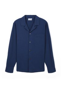 Camicia a maniche lunghe blu navy con bottoni, realizzata in un tessuto leggero, con colletto a intaglio, taschino sul petto e orlo arrotondato.