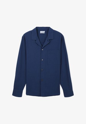Camicia a maniche lunghe blu navy con bottoni, realizzata in un tessuto leggero, con colletto a intaglio, taschino sul petto e orlo arrotondato.