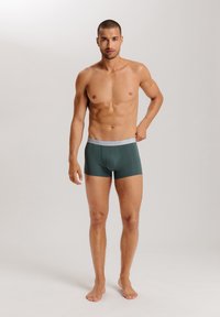 Gröna boxershorts med en ljusgrå midjeband som har varumärket "HANRO." Slät tyg, åtsittande design och midjehöjd till mitten av låren.