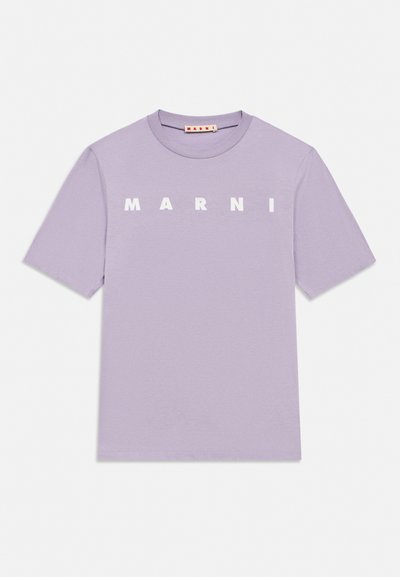 Lavender short-sleeve cotton T-shirt with white "MARNI" text centered on the chest and a round neckline.