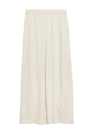 Loose-fitting, ankle-length cream pants with an elastic waistband, made from lightweight, flowy fabric.